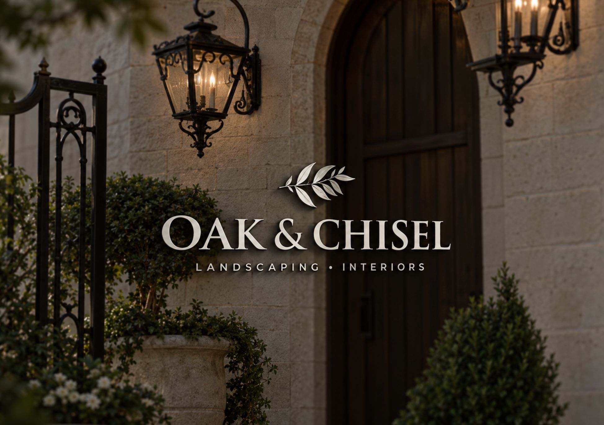 Oak & Chisel sign on a stone facade at dusk